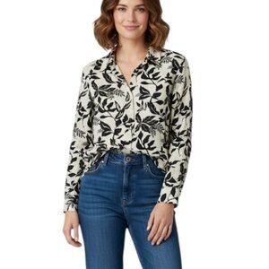 F&F Linen Rich Leaf Pattern Long Sleeve Button Up Shirt Size 10 Black Cream